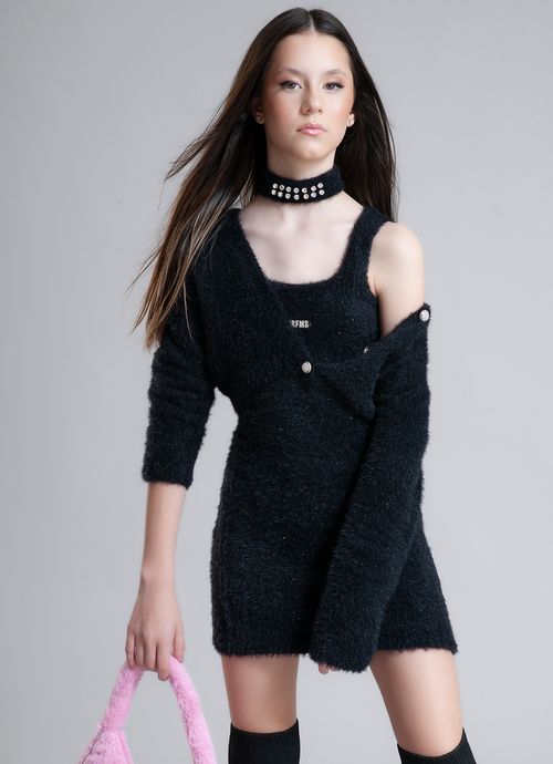 Vestido Tricot Fio Fofinho Sem Costura Cristais  Preto