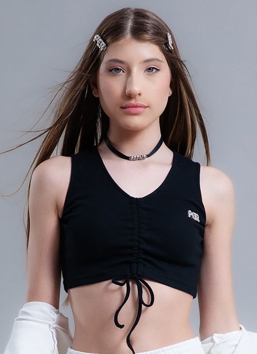 Regata Cropped Canelada Franzido Meio Per Pingente Preto