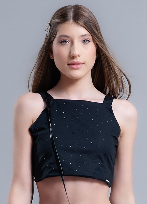 Top Cropped Tricoline Cristais Amarração Costas Preto