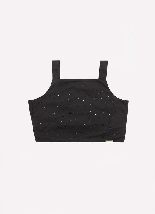 Top Cropped Tricoline Cristais Amarração Costas Preto