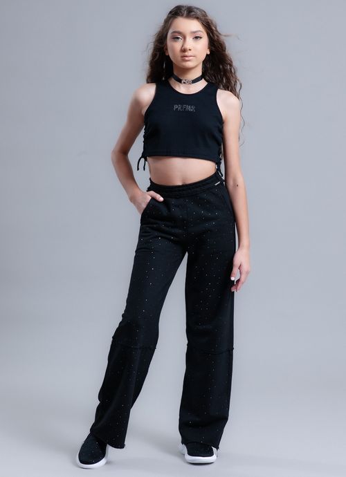 Calça Reta Moletom Cristais Preto