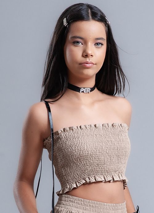 Top Tomara Que Caia Tricoline Lastex Ocre
