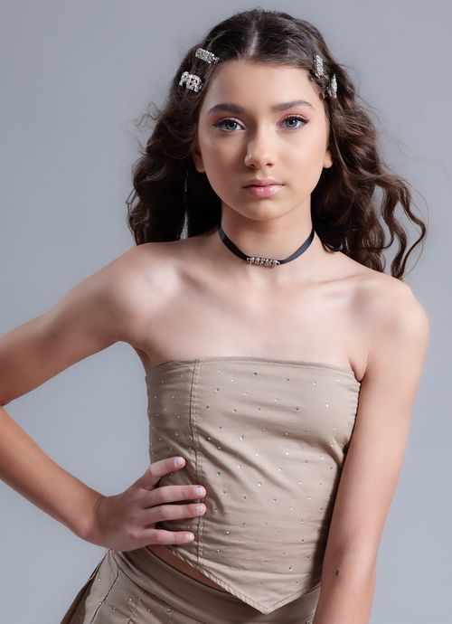 Top Cropped Tricoline Ponta Cristais Ocre
