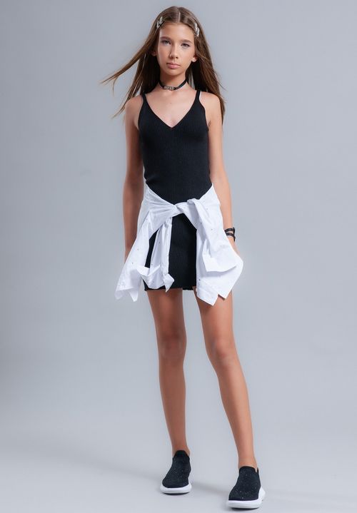 Vestido Tricot Alça Sem Costura Canelado Preto