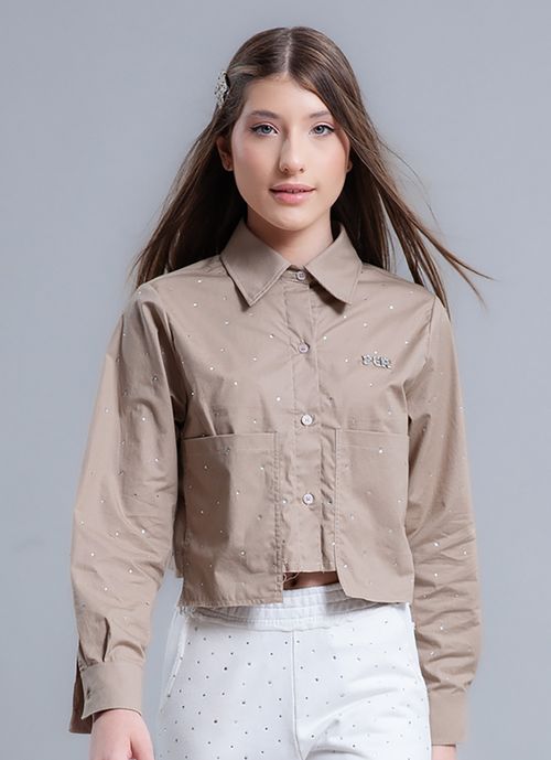 Camisa Tricoline Maxi Bolsos Cristal Ocre